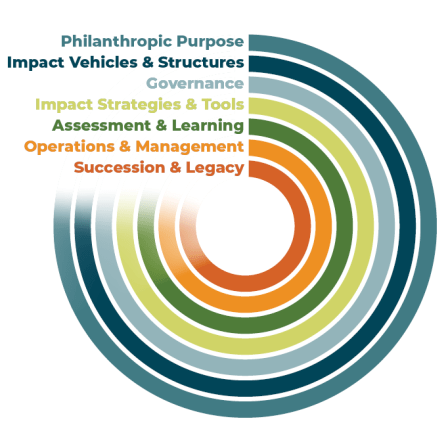 Family Giving Lifecycle image with colorful concentric circles, each labeled with one of the lifecycle stages, such as "philanthropic purpose"