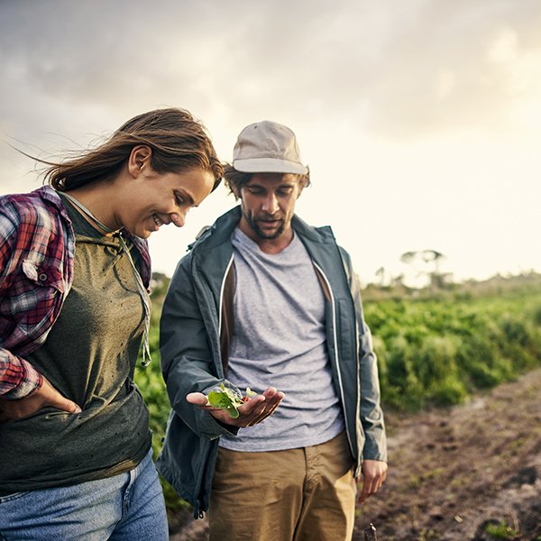 Man and woman on farm. Man is holding plant in his hand and woman is looking at it and smiling.