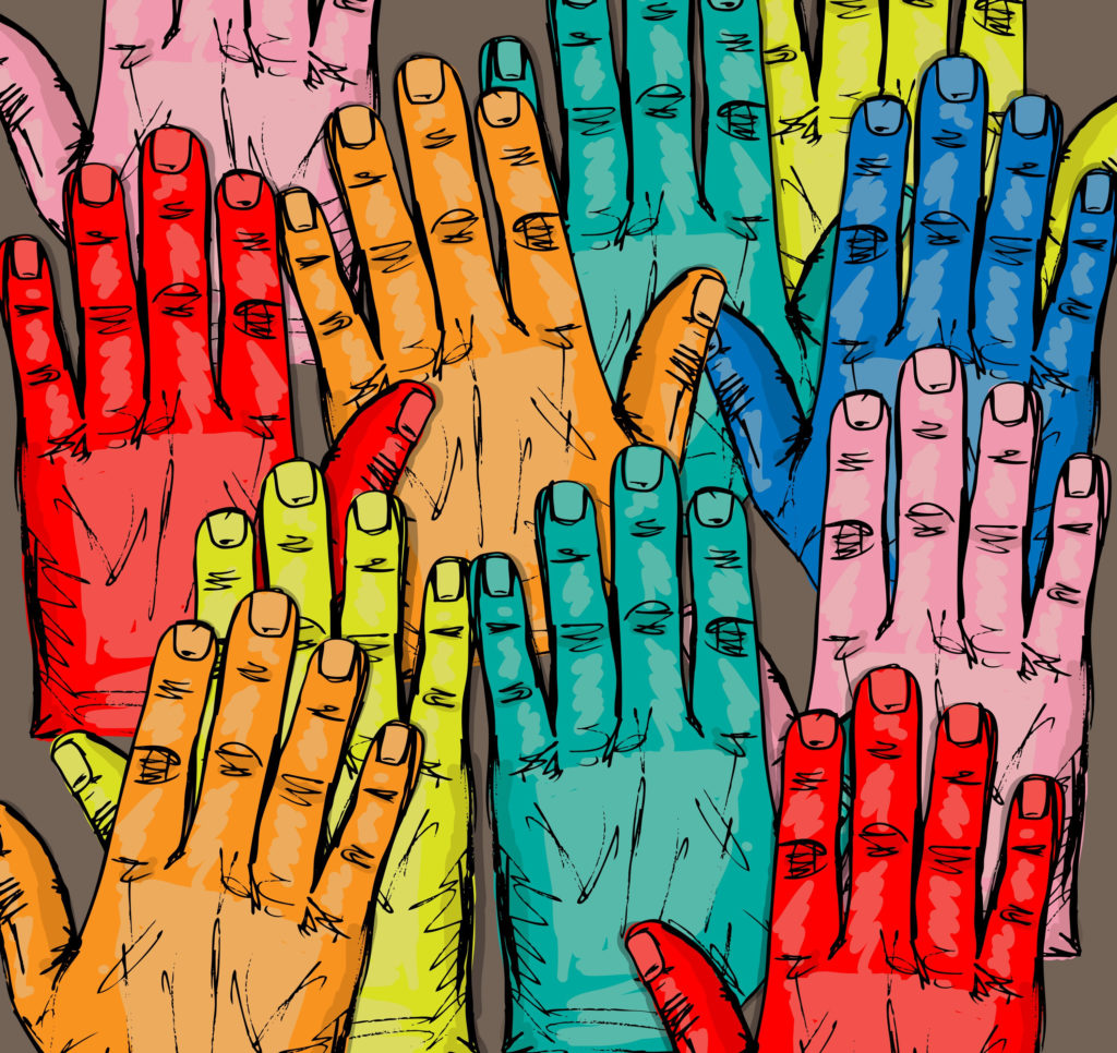 Sketch of hands raised in various colors