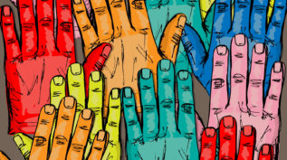 Sketch of hands raised in various colors