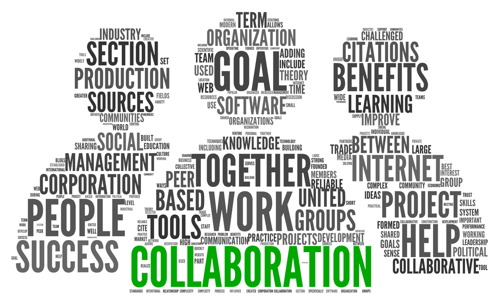 collaboration related words in the shape of three humans