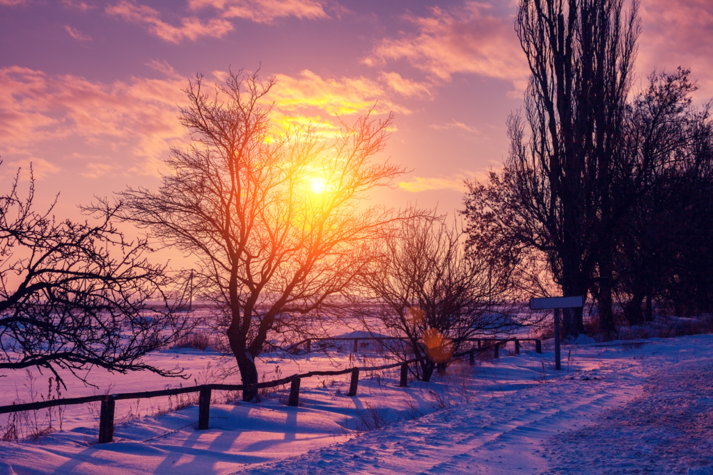 rich purple, red sunset in winter