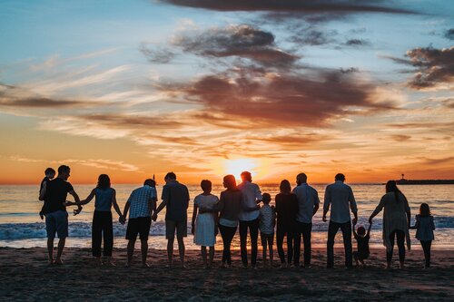 A large group of people standing on the beach, silhouetted by the sunset