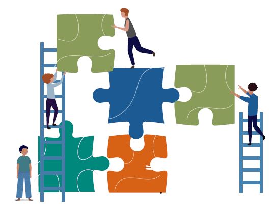 illustrated image of people pushing together life-size puzzle pieces