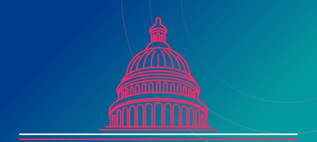 illustrated image of US Capitol building in red on a blue background; Bolder Advocacy report cover