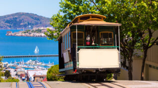 Cable car going down hill in San Francisco