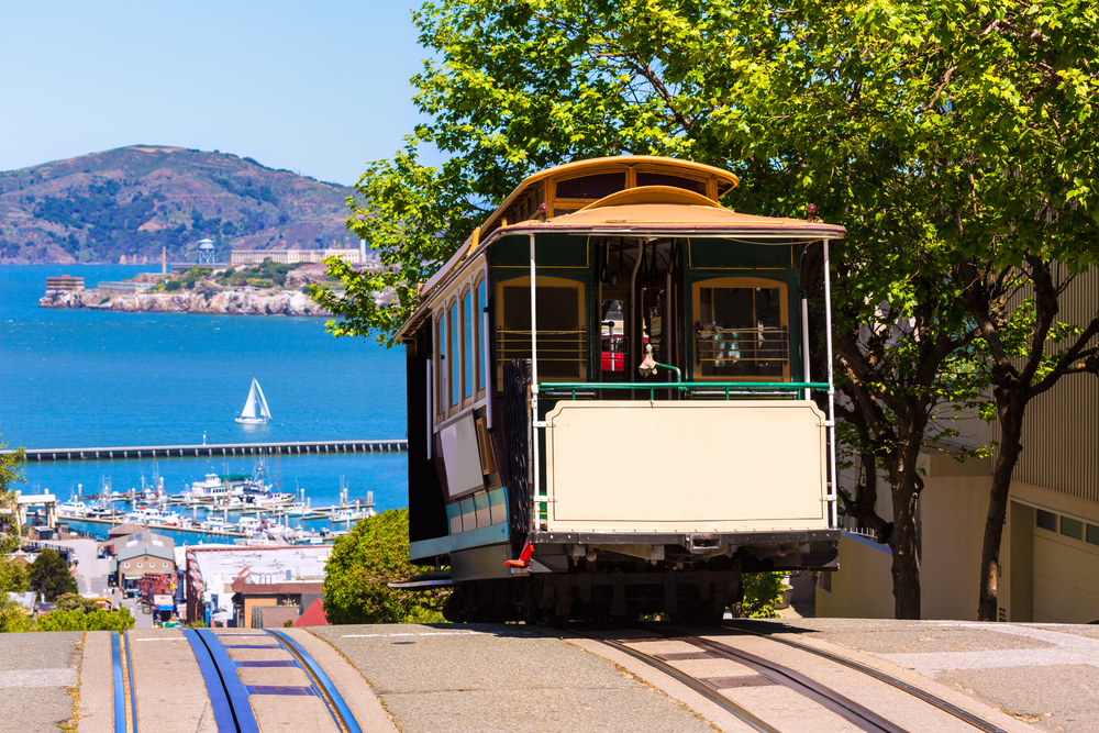 Cable car going down hill in San Francisco