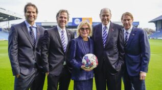 The Eisner Family EFL Sky Bet League 1 match between Portsmouth and Shrewsbury Town. From L to R: Anders Eisner, Breck Eisner, Jane Eisner, Michael Eisner, Eric Eisner. Photo courtesy of the Eisner Family