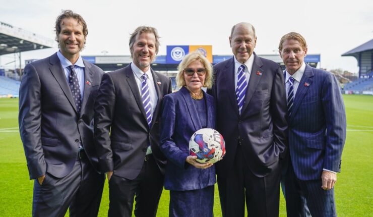 The Eisner Family EFL Sky Bet League 1 match between Portsmouth and Shrewsbury Town. From L to R: Anders Eisner, Breck Eisner, Jane Eisner, Michael Eisner, Eric Eisner. Photo courtesy of the Eisner Family