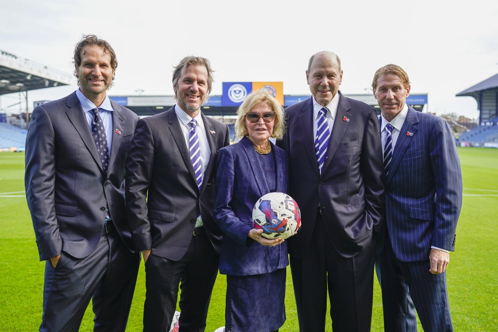 The Eisner Family EFL Sky Bet League 1 match between Portsmouth and Shrewsbury Town. From L to R: Anders Eisner, Breck Eisner, Jane Eisner, Michael Eisner, Eric Eisner. Photo courtesy of the Eisner Family