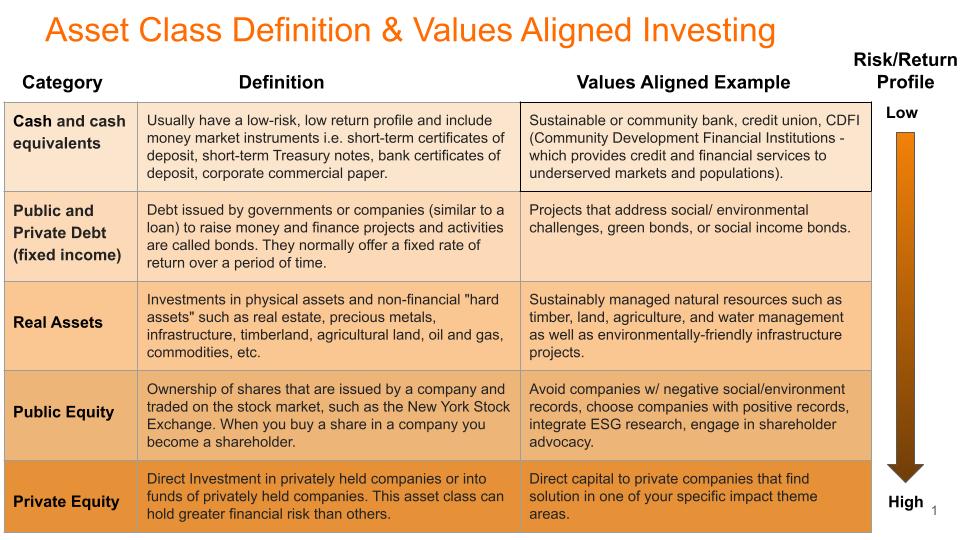 Chart of values-aligned investing examples in various asset classes