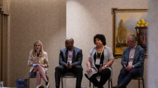 Liz Bonner, Nat Chioke Williams, Diane Kaplan, and Adam Gibbons speaking at Building and Maintaining Successful Board Chair-CEO Relationships at the 2022 National Forum on Family Philanthropy