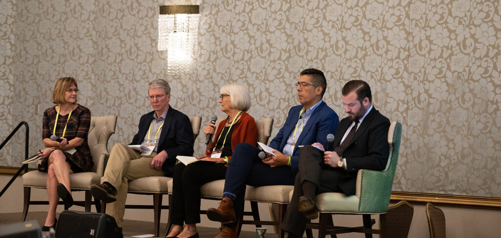 Panelists speaking on climate and family philanthropy at the 2022 National Forum on Family Philanthropy. From left to right: Jennifer Kitt, Walt Reid, Susan Packard Orr, Armando Castellano, and Jeff Sobrato